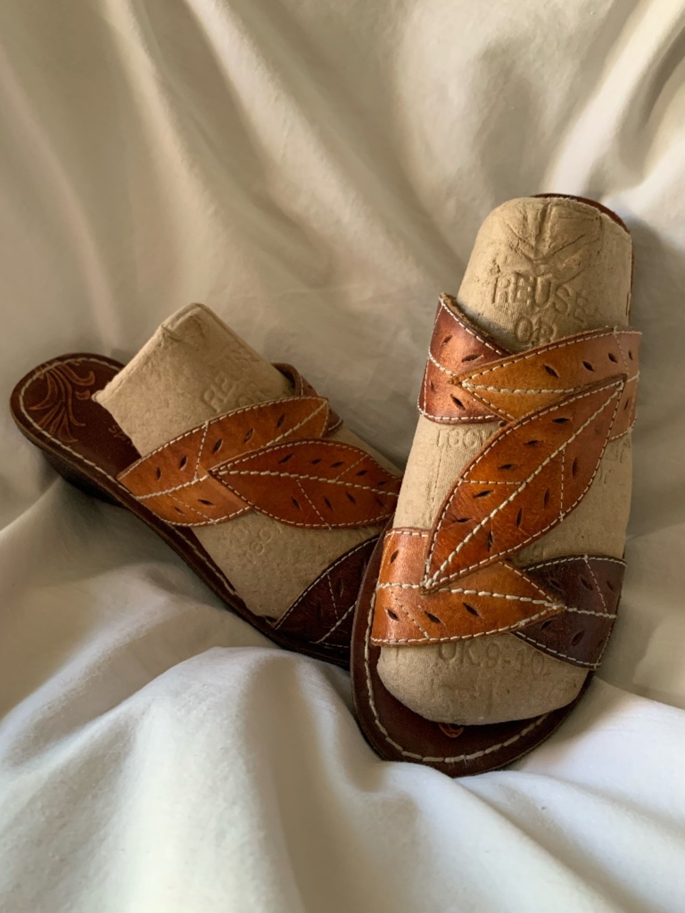 Spring Step tan genuine leather 'Azalea Leaf Slides'
